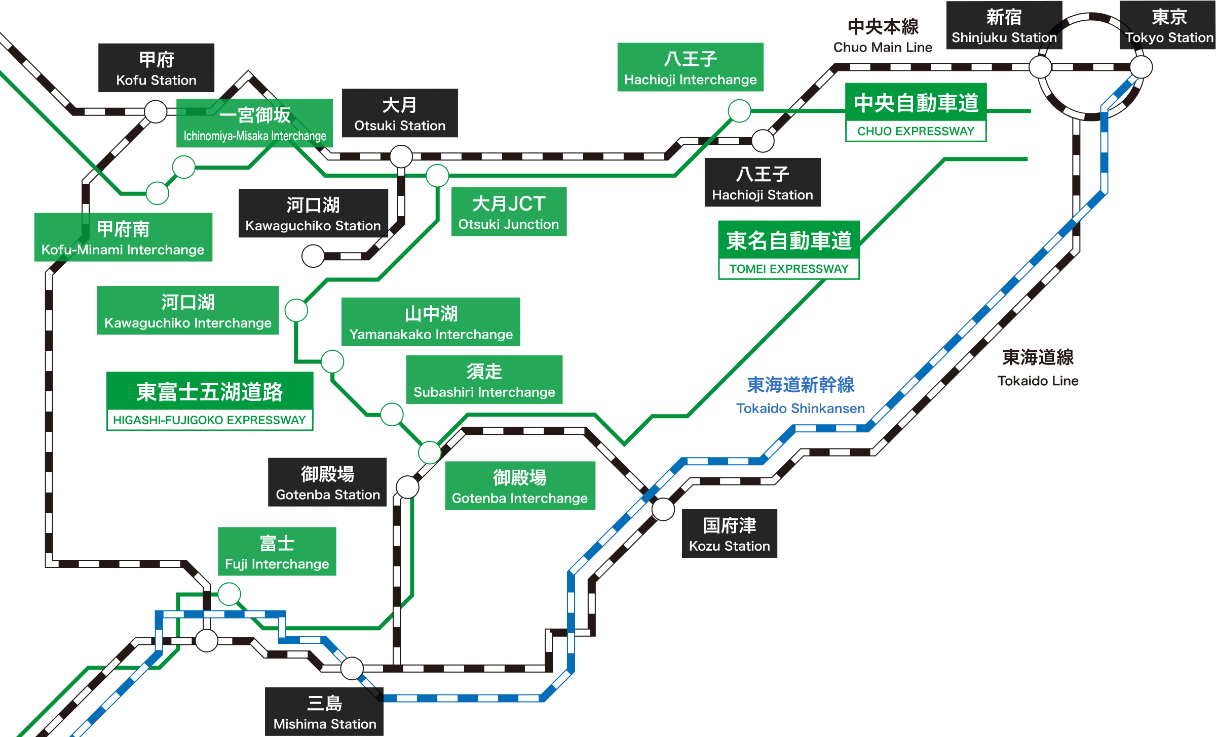 富士河口湖町へのアクセス路線図