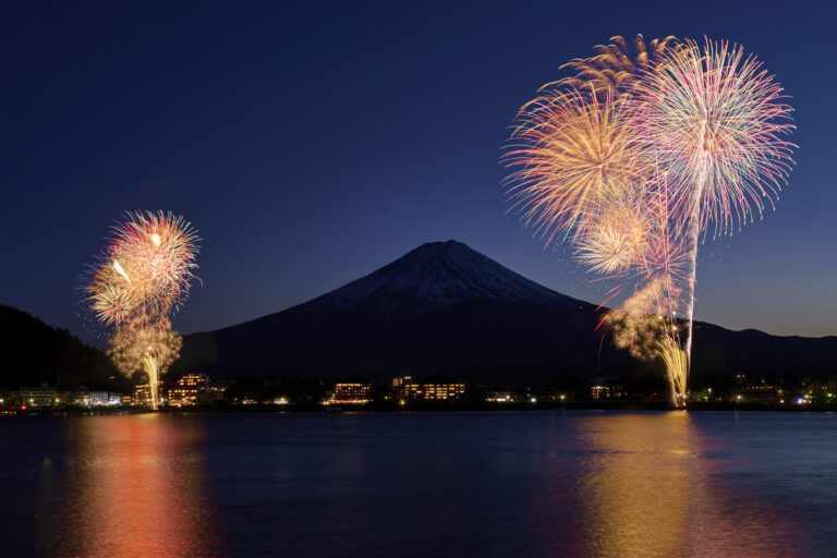 富士山を背景にみる夏＆冬の“湖上花火”体験